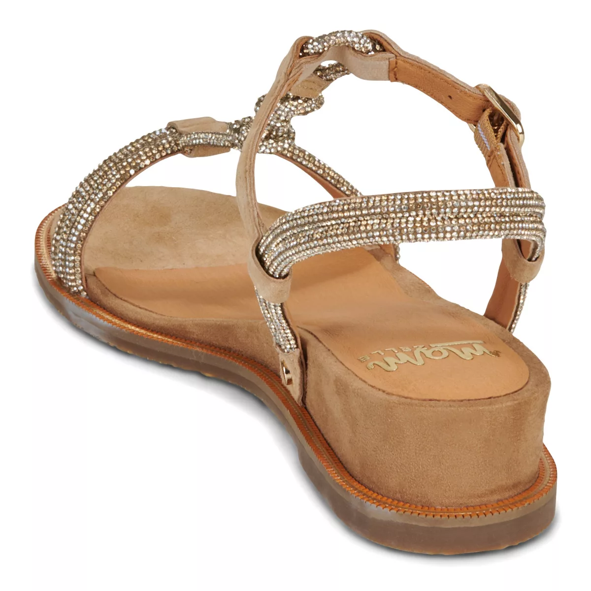 Sandales à strass pour femme marque Mam'zelle. Référence : CSG2Q51 Okapi Velours Biscuit. Disponible chez Chauss'Family magasin de chaussures.