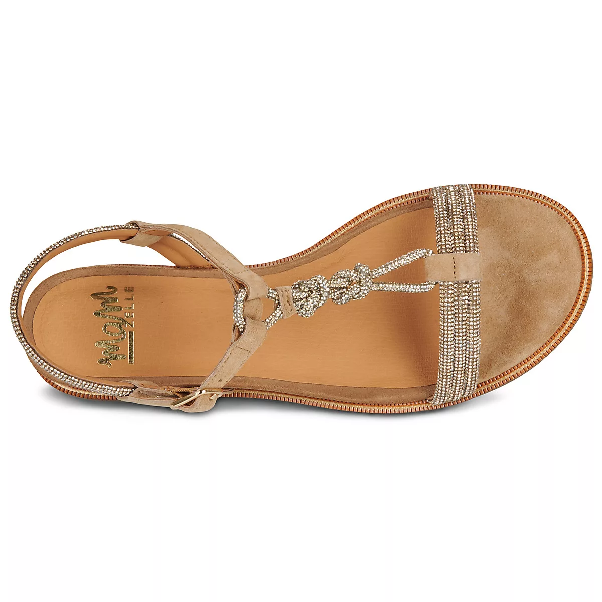 Sandales à strass pour femme marque Mam'zelle. Référence : CSG2Q51 Okapi Velours Biscuit. Disponible chez Chauss'Family magasin de chaussures.