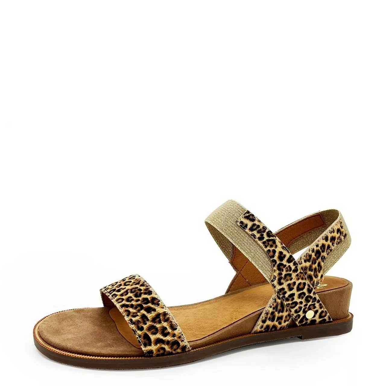 Sandales élastiquées léopard pour femme marque Mam'zelle. Référence : CSG2Q45 Oval Leo Beige. Disponible chez Chauss'Family magasin de chaussures.