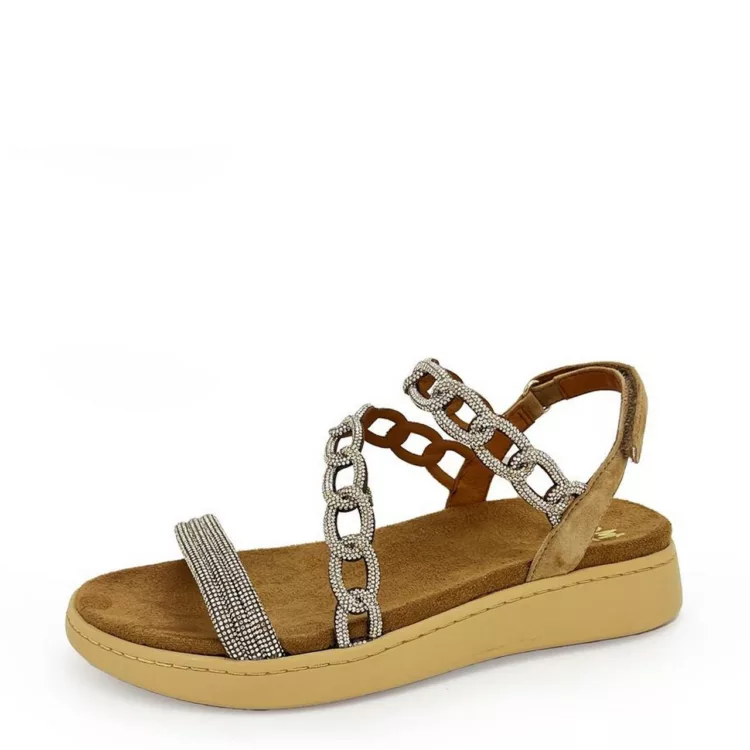 Sandales beiges à strass pour femme marque Mam'zelle. Référence : CSGUM03 Prax Velours Biscuit. Disponible chez Chauss'Family magasin de chaussures.
