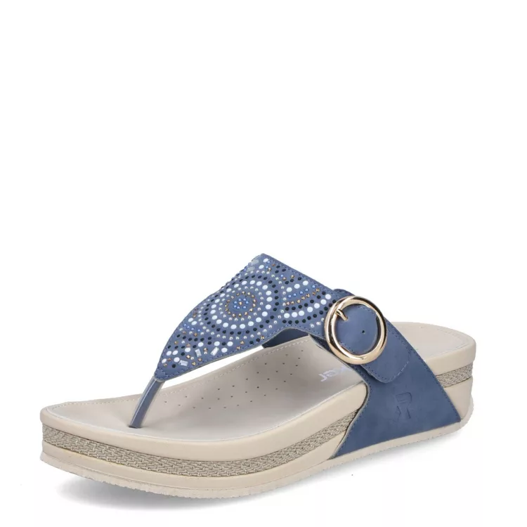 Tongs bleues de la marque Rieker. Référence V1465-14 Bleu. Disponible chez Chauss'Family magasin de chaussures à Issoire.