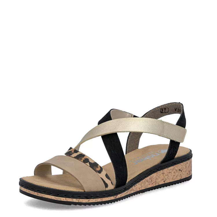 Sandales beiges et noires Rieker pour femme. Référence V3663-92 Disponible chez Chauss'Family magasin de chaussures pour femme.