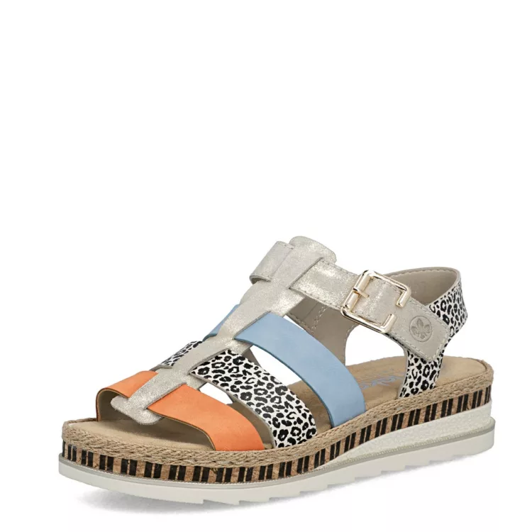 Sandales multicolores et léopard marque Rieker pour femme. Référence V7904-90 Multi. Disponible chez Chauss'Family magasin de chaussures pour femme.