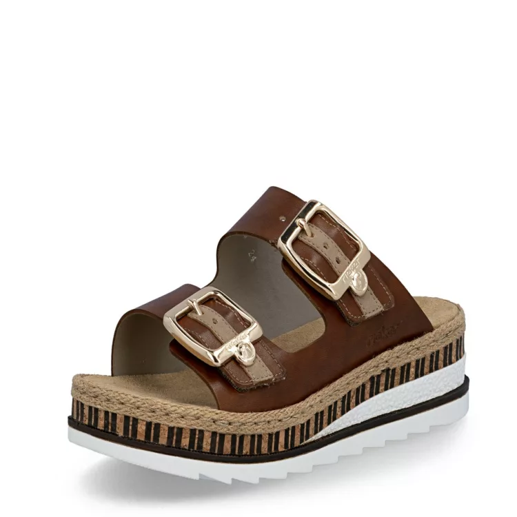 Mules réglables marron de la marque Rieker. Référence V7955-24 Marron. Disponible chez Chauss'Family magasin de chaussures à Issoire.
