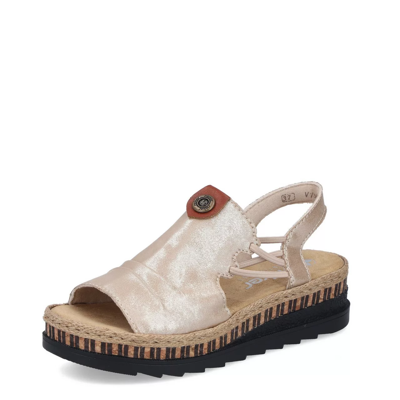 Sandales métallisées Rieker pour femme. Référence V7972-60 Métal. Disponible chez Chauss'Family magasin de chaussures pour femme.