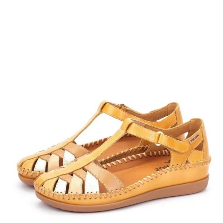 Sandales jaunes semi-ouvertes pour femme de la marque Pikolinos. Référence : Cadaques W8K-0705C1 Vainilla. Disponible chez Chauss'Family à Issoire.