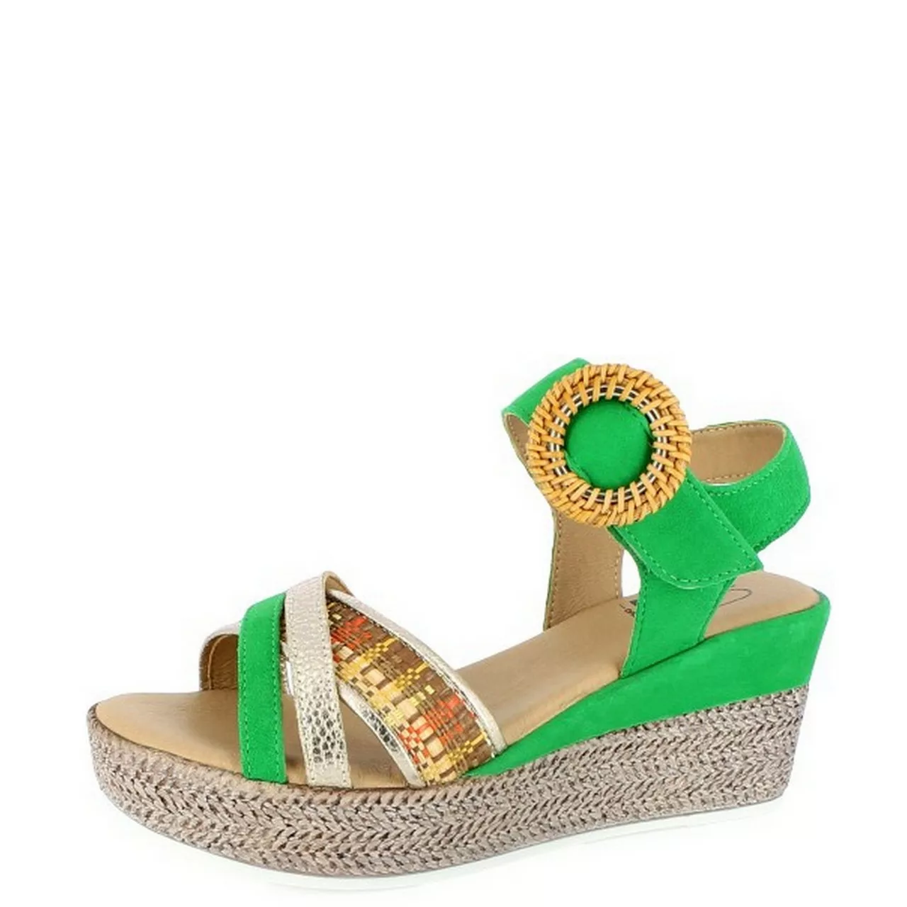 Sandales compensées vertes pour femme de la marque GR Geo Reino. Référence : Viabusy Vert. Disponible chez Chauss'Family magasin de chaussures à Issoire