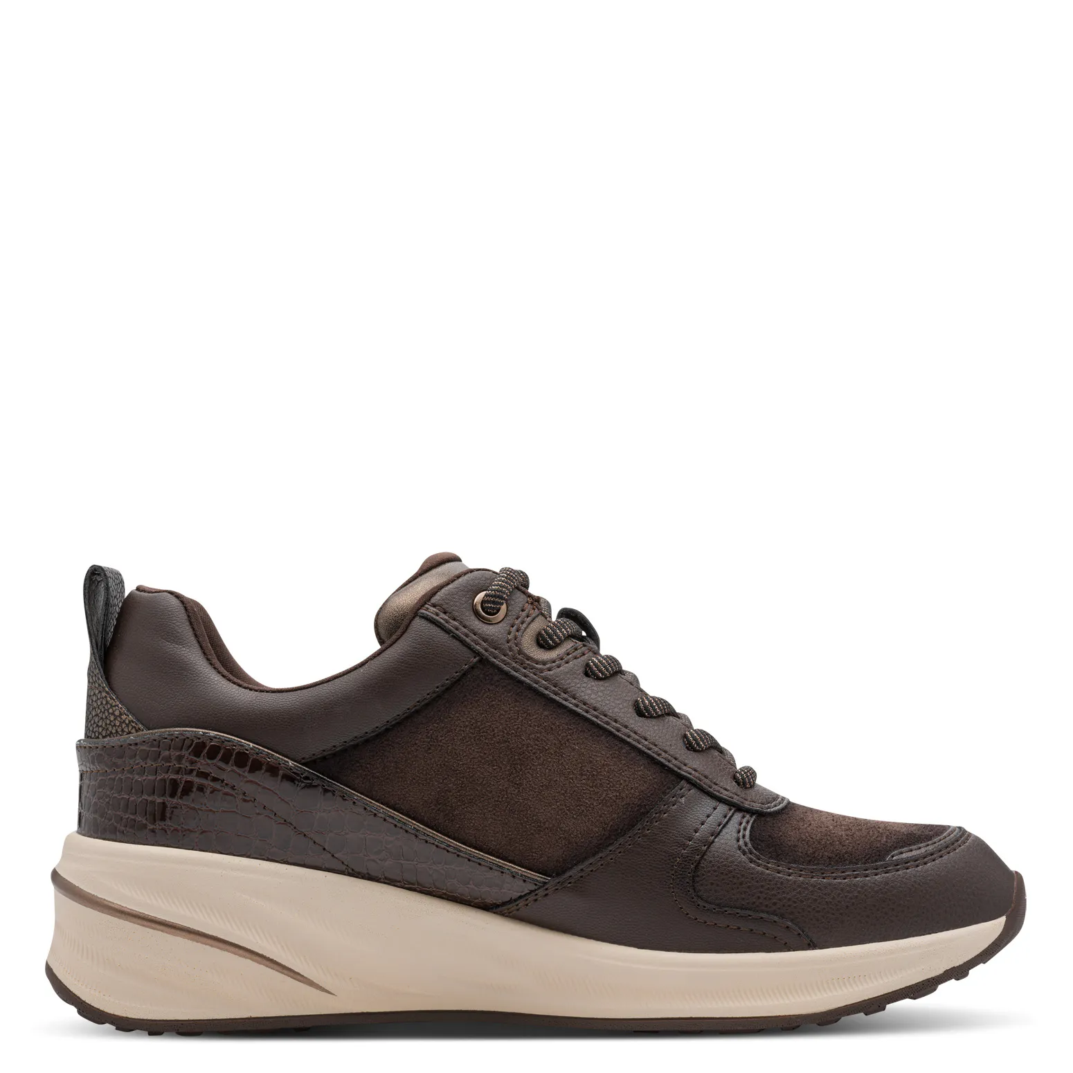 Baskets marron compensées Tamaris pour femme. Référence : 23754-45 303 Mocca comb. Disponible chez Chauss'Family magasin de chaussures à Issoire.