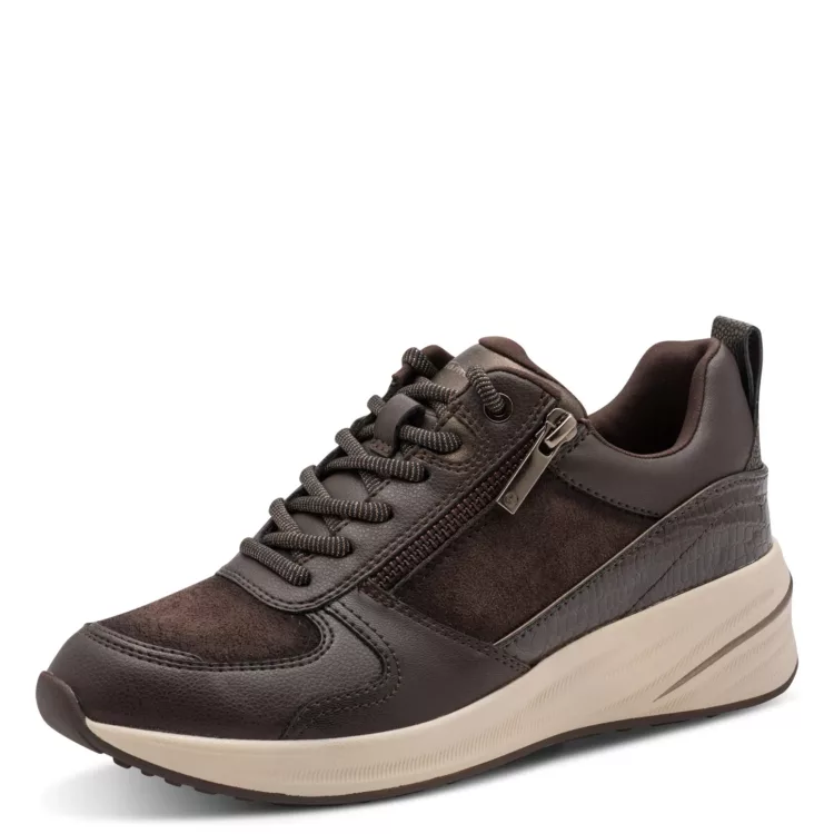 Baskets marron compensées Tamaris pour femme. Référence : 23754-45 303 Mocca comb. Disponible chez Chauss'Family magasin de chaussures à Issoire.