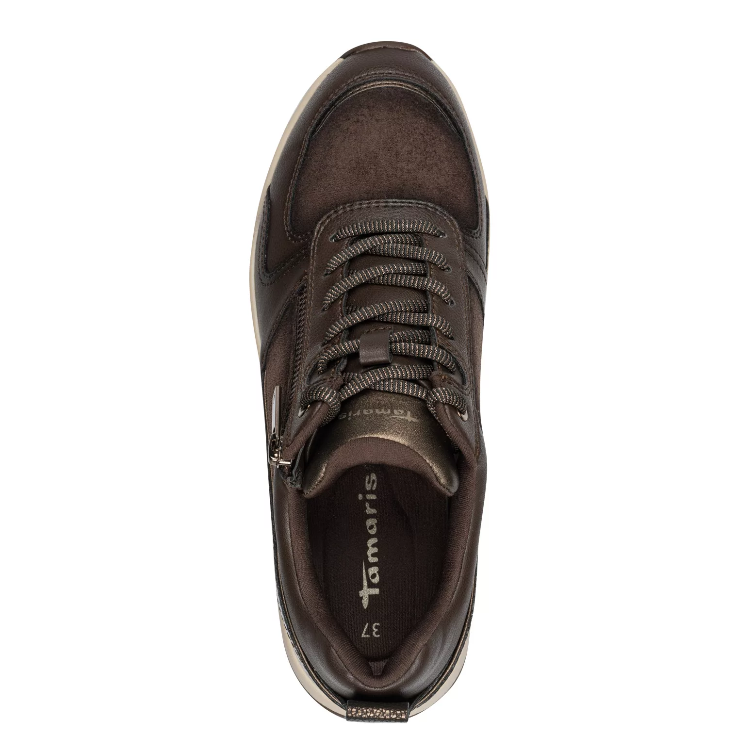 Baskets marron compensées Tamaris pour femme. Référence : 23754-45 303 Mocca comb. Disponible chez Chauss'Family magasin de chaussures à Issoire.