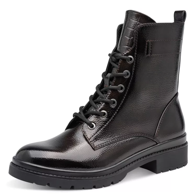 Bottines vernies à lacets de la marque Tamaris pour femme. Référence : 25236-43 332 Mocca Patent. Disponible chez Chauss'Family magasin de chaussures à Issoire.