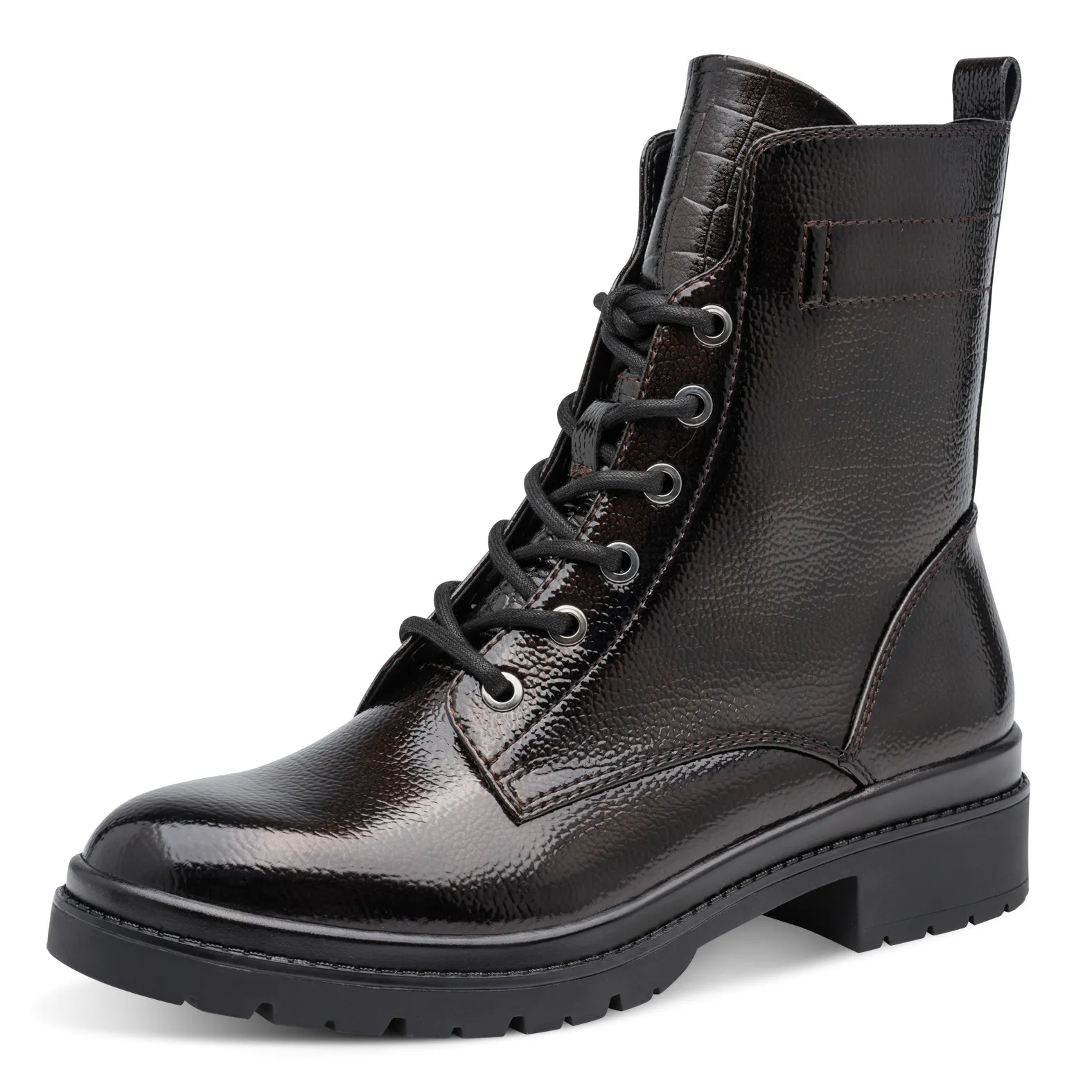 Bottines vernies à lacets de la marque Tamaris pour femme. Référence : 25236-43 332 Mocca Patent. Disponible chez Chauss'Family magasin de chaussures à Issoire.