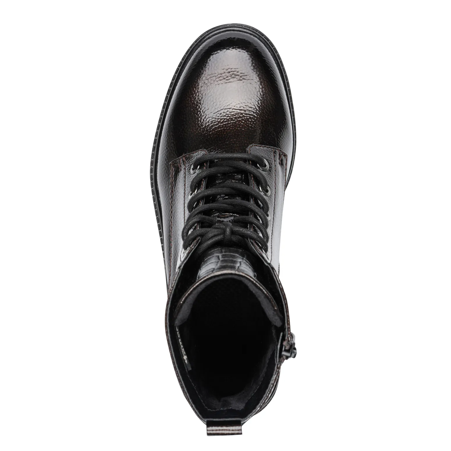 Bottines vernies à lacets de la marque Tamaris pour femme. Référence : 25236-43 332 Mocca Patent . Disponible chez Chauss'Family magasin de chaussures à Issoire.