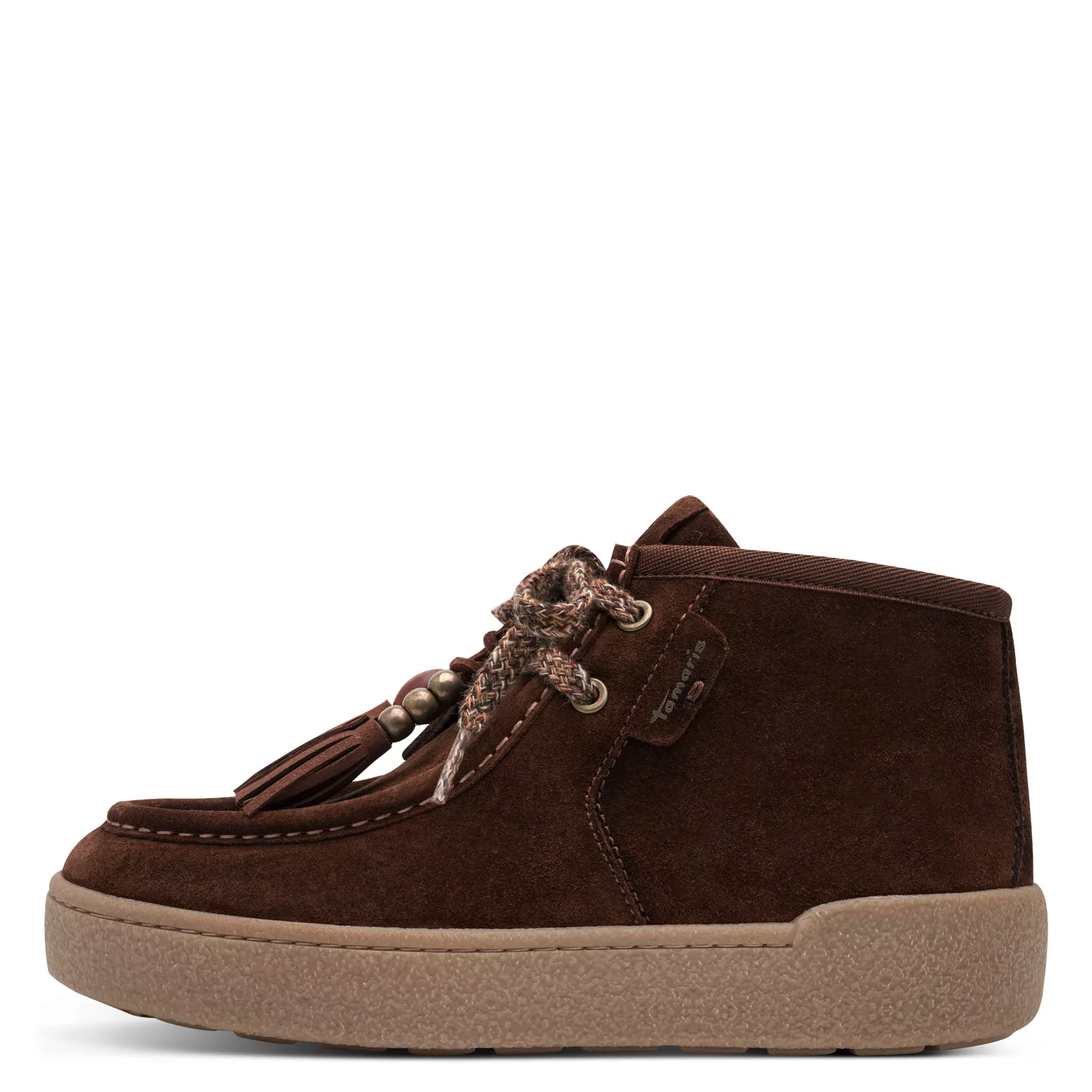 Bottines avec pampilles marron la marque Tamaris pour femme. Référence : 25406-47 311 Muscat. Disponible chez Chauss'Family magasin de chaussures à Issoire.