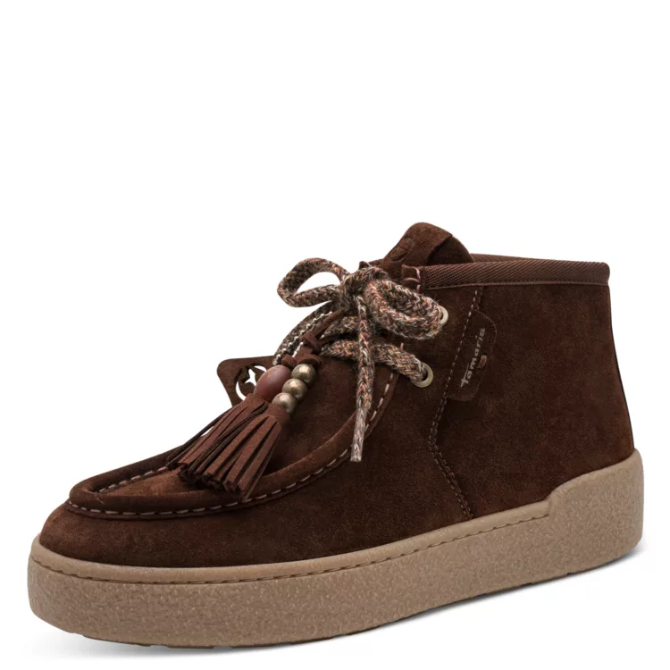 Bottines avec pampilles marron la marque Tamaris pour femme. Référence : 25406-47 311 Muscat. Disponible chez Chauss'Family magasin de chaussures à Issoire.