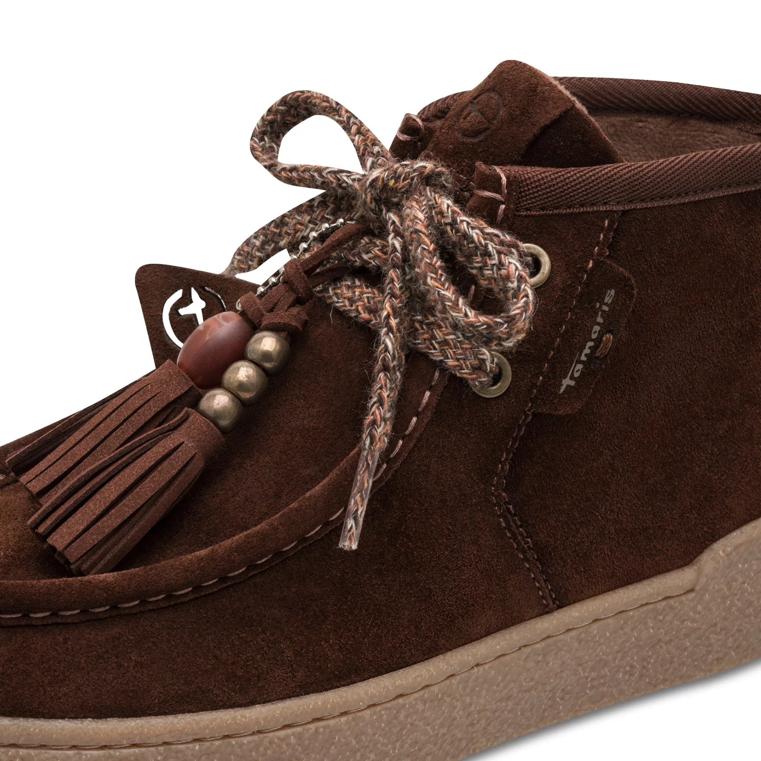 Bottines avec pampilles marron la marque Tamaris pour femme. Référence : 25406-47 311 Muscat. Disponible chez Chauss'Family magasin de chaussures à Issoire.