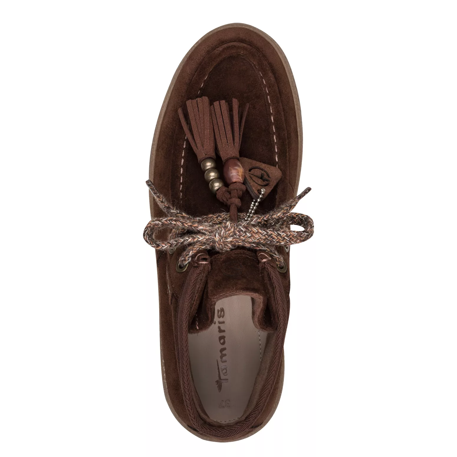 Bottines avec pampilles marron la marque Tamaris pour femme. Référence : 25406-47 311 Muscat. Disponible chez Chauss'Family magasin de chaussures à Issoire.