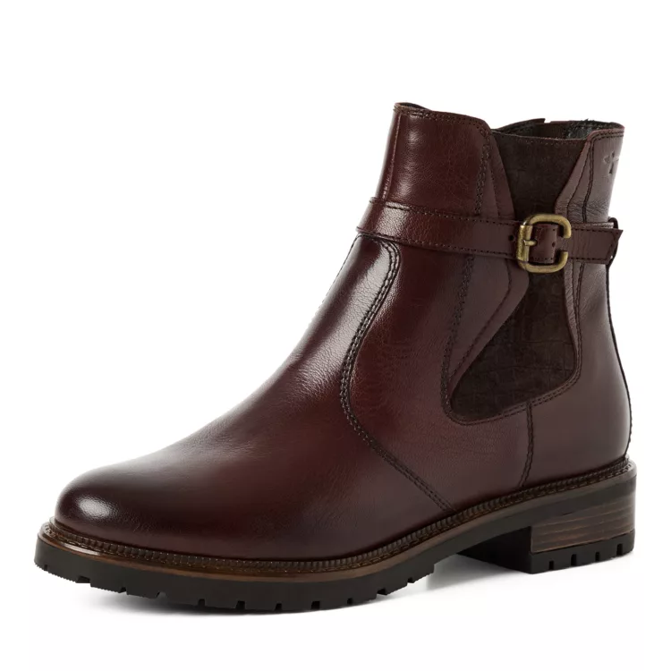 Bottines marron foncé la marque Tamaris pour femme. Référence : 25495-47 306 Brandy . Disponible chez Chauss'Family magasin de chaussures à Issoire.