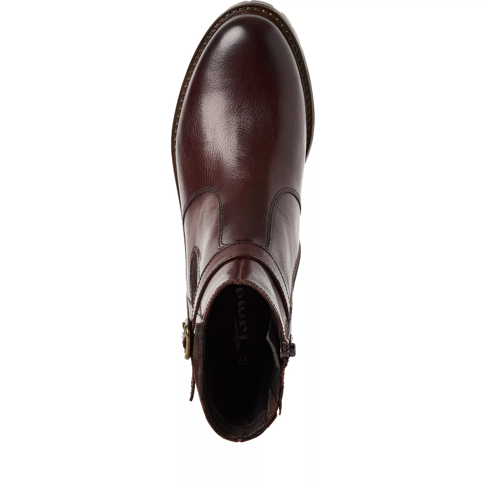 Bottines marron foncé la marque Tamaris pour femme. Référence : 25495-47 306 Brandy . Disponible chez Chauss'Family magasin de chaussures à Issoire.