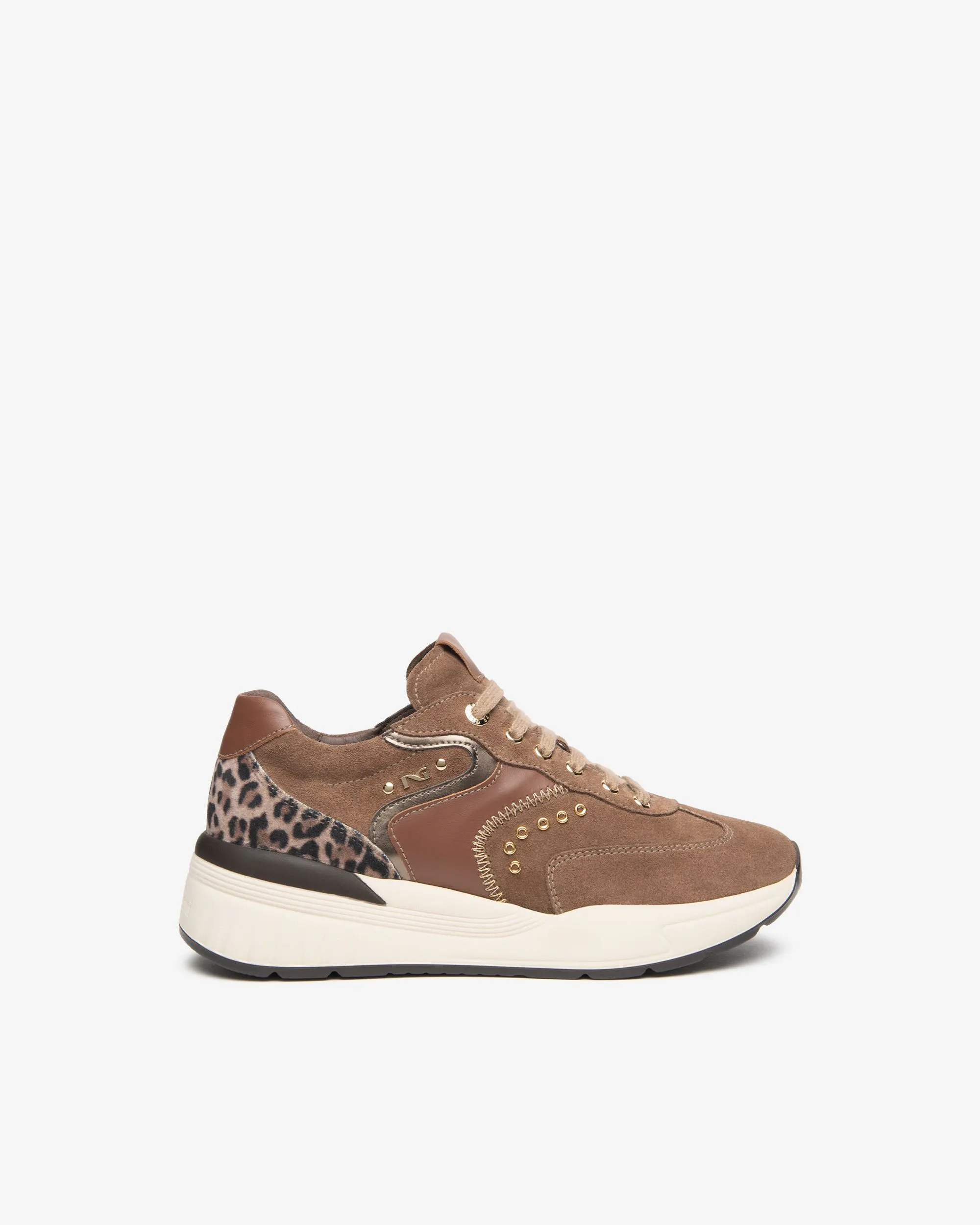 Baskets marron et léopard femme marque NeroGiardini. Référence I617372D 442. Disponible chez Chauss'Family magasin de chaussures à Issoire.