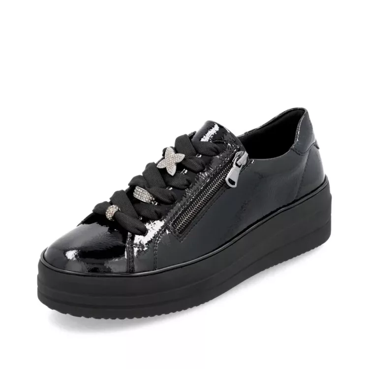 Baskets noires vernies pour femme Remonte. Référence : D1C09-00 Noir. Disponible chez Chauss'Family magasin de chaussures à Issoire.