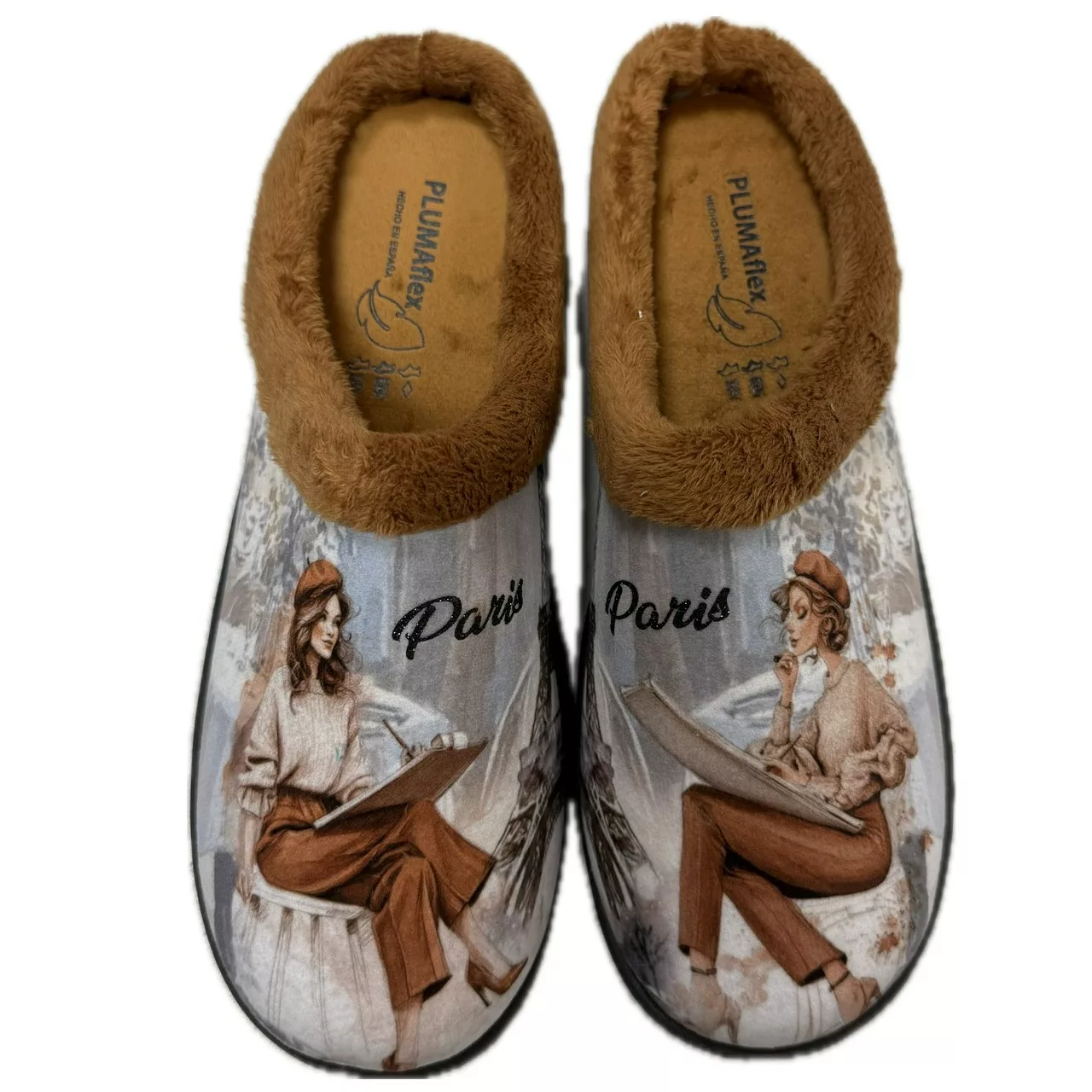Mules motif Paris pour femme de la marque Plumaflex. Référence : Art Paris 12213. Chauss'Family Issoire magasin de chaussures à Issoire.
