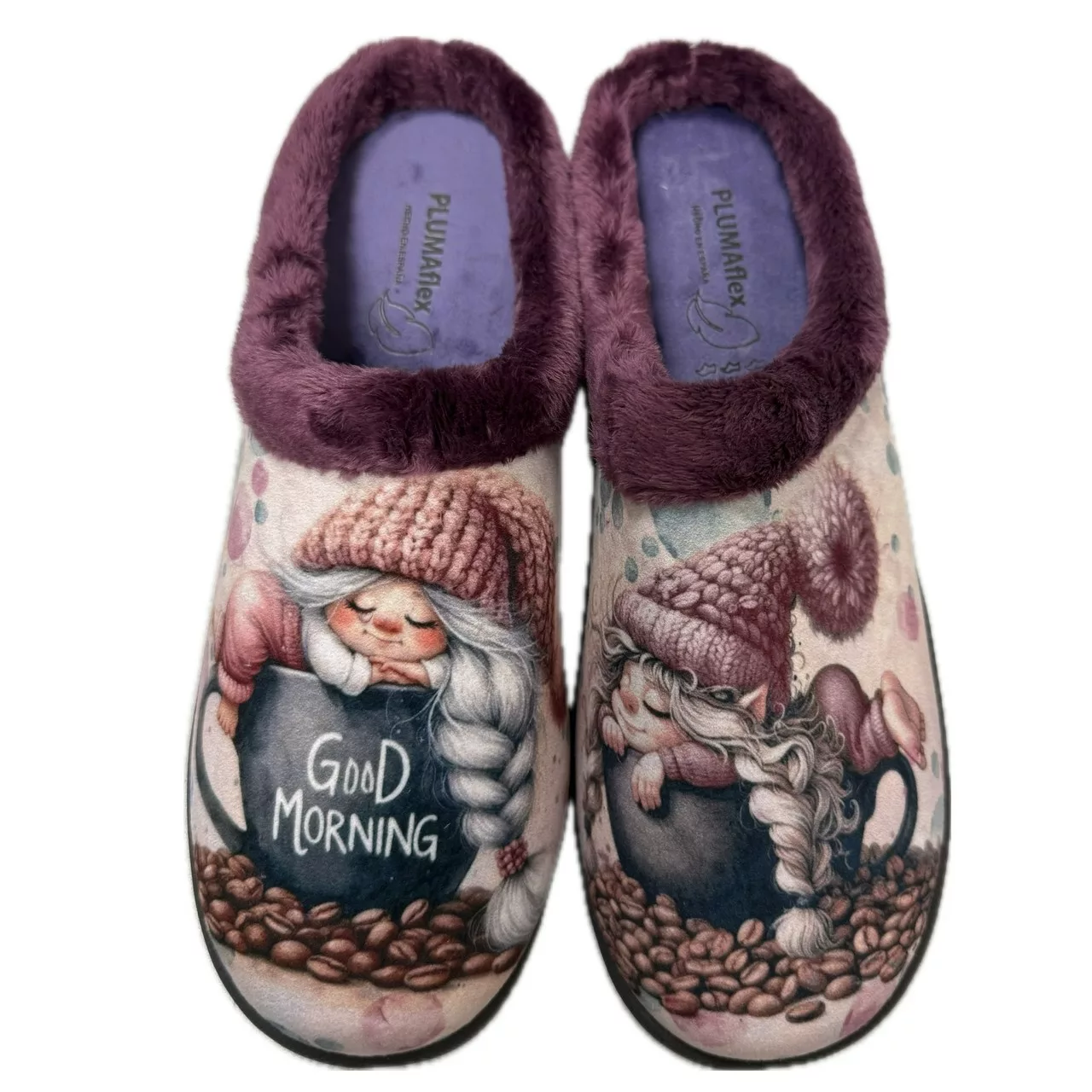 Mules motif lutin pour femme de la marque Plumaflex. Référence : Good Morning 12213. Chauss'Family Issoire magasin de chaussures à Issoire.