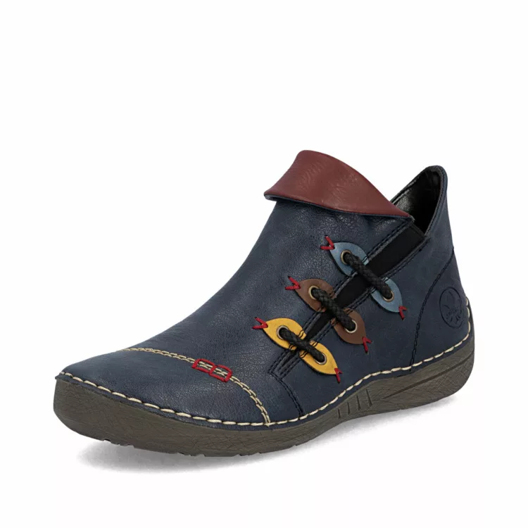 Bottines bleues de la marque Rieker pour femme. Référence : 72581-14 Bleu. Disponible chez Chauss'Family magasin de chaussures à Issoire.