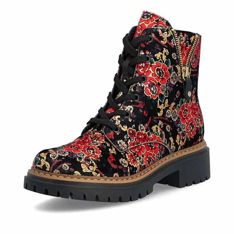 Bottines motif fleurs à lacets de la marque Rieker pour femme. Référence : 72617-90 Noir. Disponible chez Chauss'Family magasin de chaussures à Issoire.
