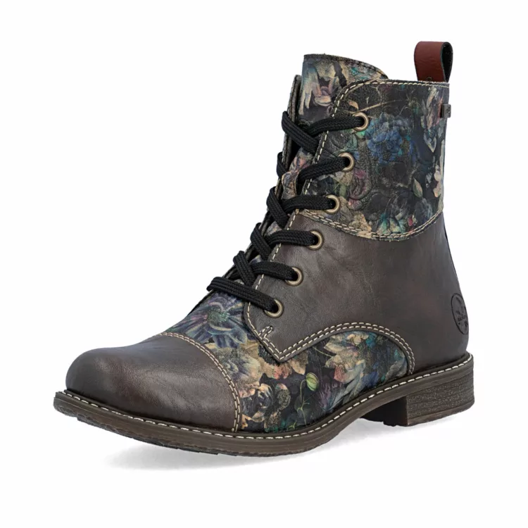 Bottines imprimé floral de la marque Rieker pour femme. Référence : 74800-25 Marron . Disponible chez Chauss'Family magasin de chaussures à Issoire.