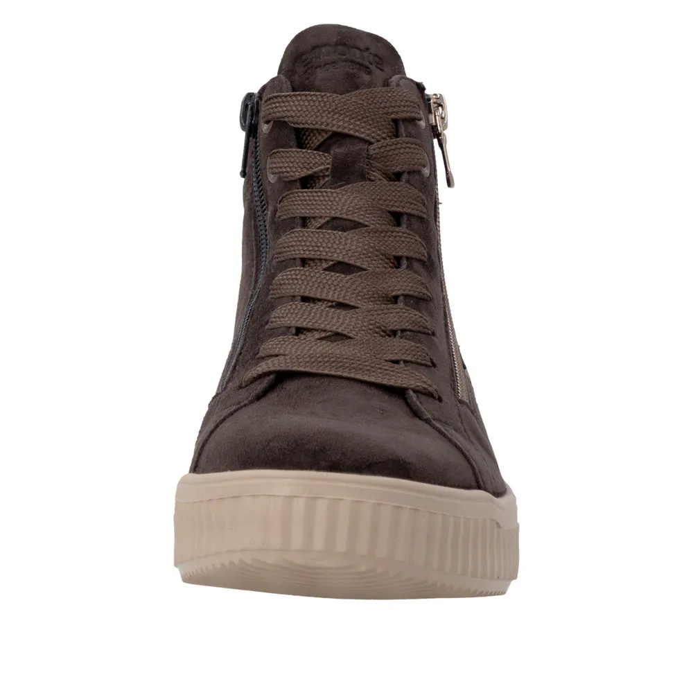 Baskets montantes marron pour femme Remonte. Référence : D3E70-25 Marron. Disponible chez Chauss'Family magasin de chaussures à Issoire.