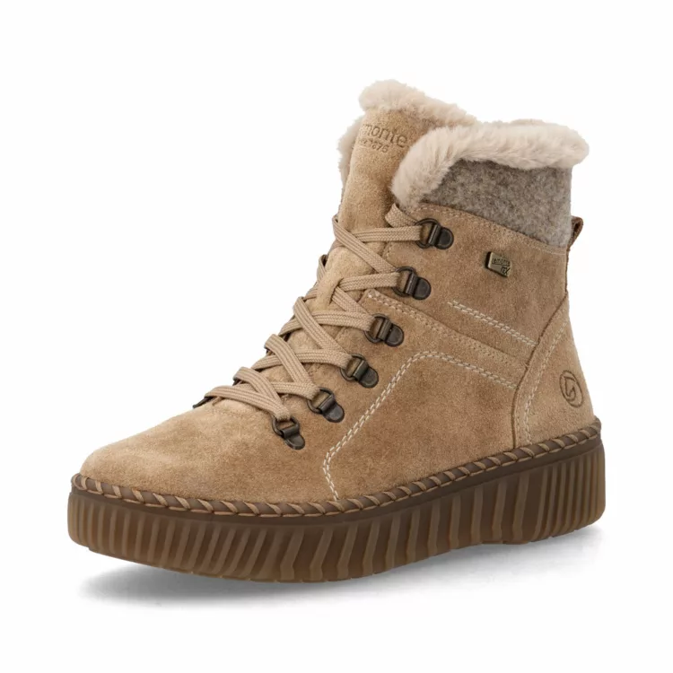 Bottines chaudes beiges pour femme marque Remonte. Référence D4A70-20 Beige. Disponible chez Chauss'Family magasin de chaussures Issoire.