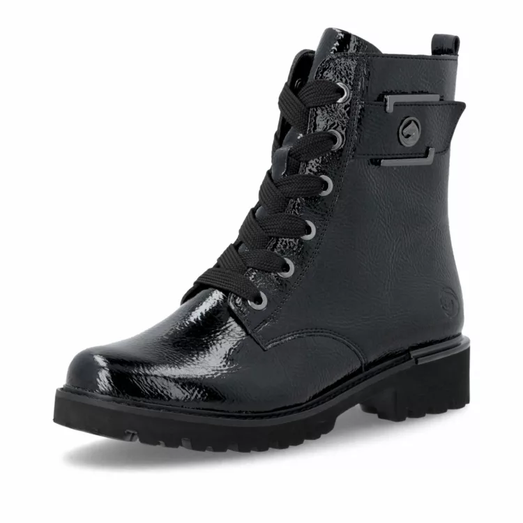 Bottines noires vernies femme marque Remonte. Référence D8683-03 Noir . Disponible chez Chauss'Family magasin de chaussures à Issoire.