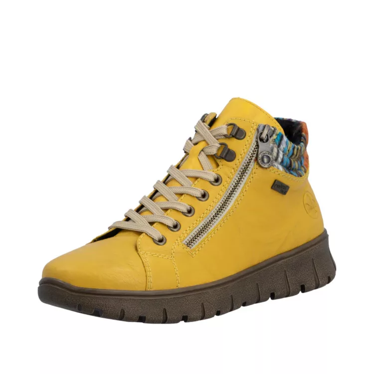 Baskets montantes jaunes de la marque Rieker. Référence : N1305-68 Jaune. Disponible chez Chauss'Family magasin de chaussures à Issoire.