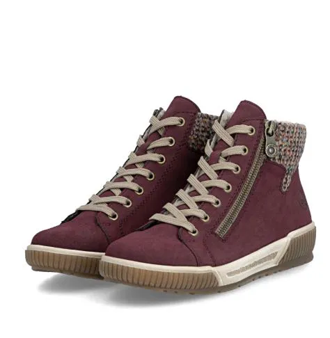Baskets montantes bordeaux de la marque Rieker pour femme. Référence : N0709-35 Bordeaux . Disponible chez Chauss'Family magasin de chaussures à Issoire.