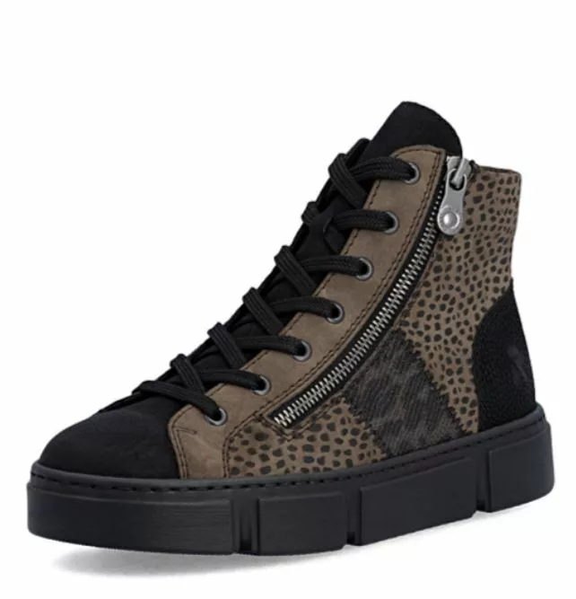Baskets montantes marron imprimées pour femme marque Rieker. Référence N5931-25 Marron . Disponible chez Chauss'Family magasin de chaussures Issoire