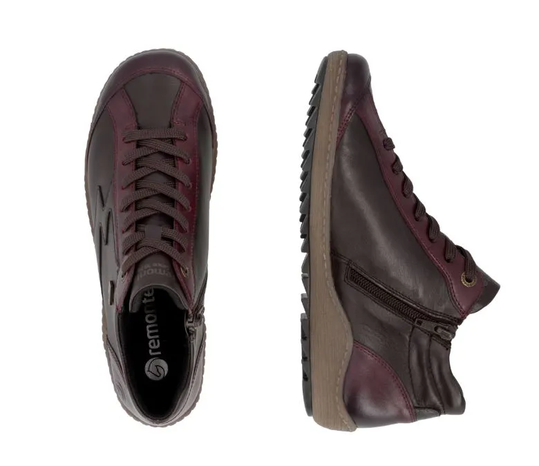 Baskets montantes bordeaux pour femme Remonte. Référence : R1454-27 Bordeaux. Disponible chez Chauss'Family magasin de chaussures à Issoire.