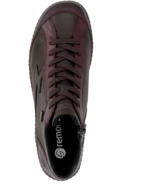 Baskets montantes bordeaux pour femme Remonte. Référence : R1454-27 Bordeaux. Disponible chez Chauss'Family magasin de chaussures à Issoire.